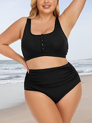 Plus Size Ribbed High Waist Bikini Set for Women - Scoop Top Tummy Control - Black 18 Plus