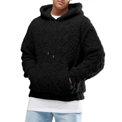 Runcati Mens Fuzzy Sherpa Hoodie Pullover Sweatshirts Long Sleeve Front Pocket Fall Winter Hooded Textured Outwear