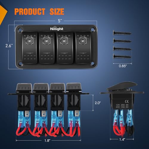 Nilight 4 Gang Rocker Switch Panel with Purple LED Light - Waterproof 5Pin On Off