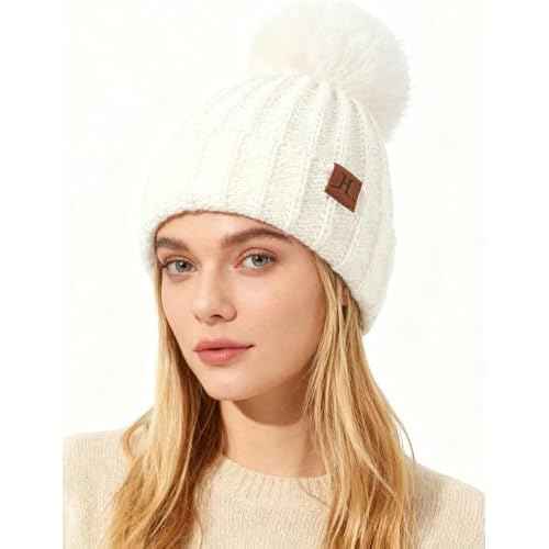 Womens Winter Hat with Pom Pom, Knit Fleece Beanie Hats for Women Cold Weather, Warm Toboggans Cap