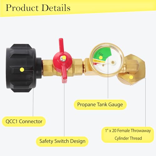 Propane Refill Adapter 20lb to 1lb with Valve and Gauge for QCC1 Type1 Tanks