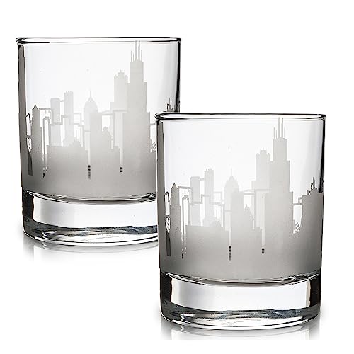Chicago Whiskey Glasses Set of 2 - Skyline Etched Old Fashioned Tumblers for Chicago Lovers