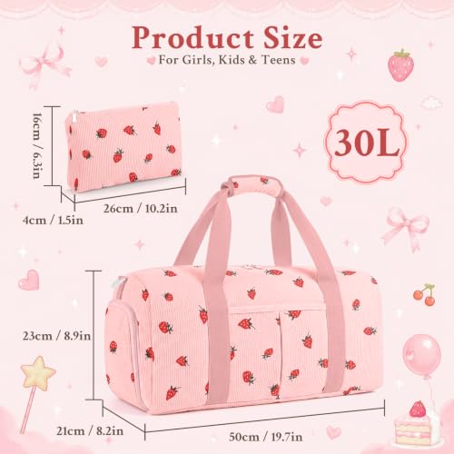 Pink Strawberry Corduroy Duffle Bag for Girls Kids Teens with Shoe & Wet Dry Separation