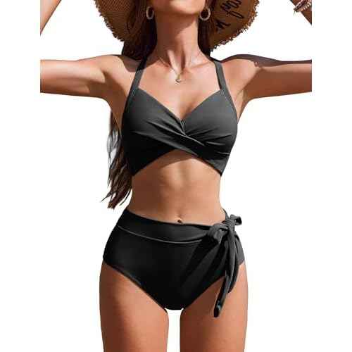 AI'MAGE Womens High Waisted Bikini Sets Tummy Control Swimsuits Two Piece Swim Suits 2025 Crisscross Tie Back Bathing Suits