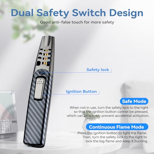 Torch Lighter, Butane Lighter, Adjustable Big Jet Flame Butane Torch, Windproof Refillable Gas Long Torch Lighter with Safety Lock for Candle Grill Camping BBQ Kitchen Soldering, Gas Not Included