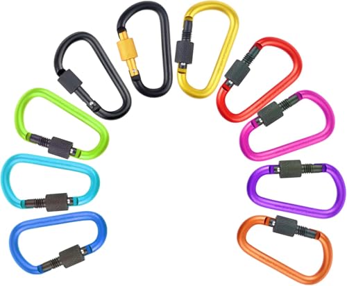 10 Pack Aluminum D Ring Key Rings Locking Carabiners for Hiking Camping Fishing - Black, Gold & Green