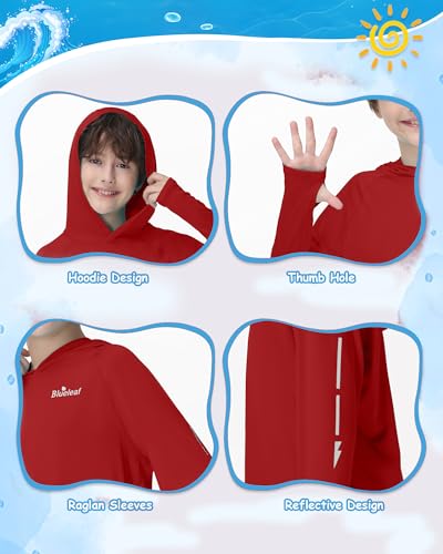 Blueleaf Boys Rash Guard Long Sleeve Hoodie UPF 50+ Sun Protection Fishing Shirt Kids SPF Water Beach UV Shirt - Large / Red