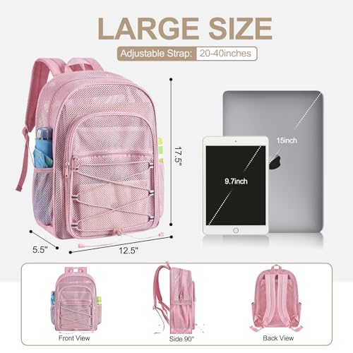 Pink Heavy Duty Mesh Backpack for Adults 20L Large Capacity Sports & Travel