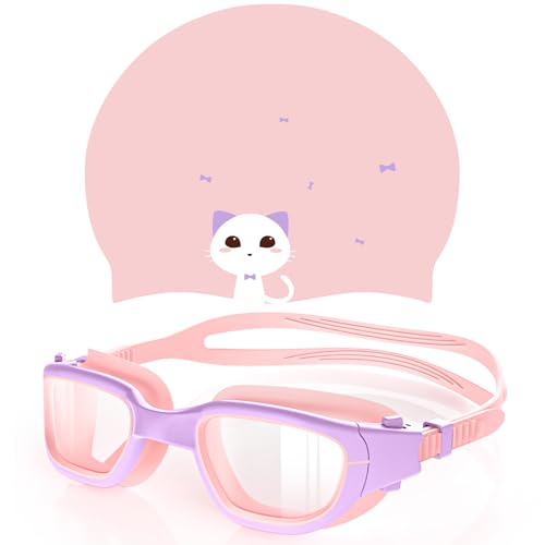 Kids Swim Goggles with Silicone Swim Cap, Swimming Goggles Cap Set for Kids 6-14, Anti-Fog Anti-UV for Boys Girls