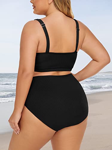Plus Size Ribbed High Waist Bikini Set for Women - Scoop Top Tummy Control - Black 18 Plus