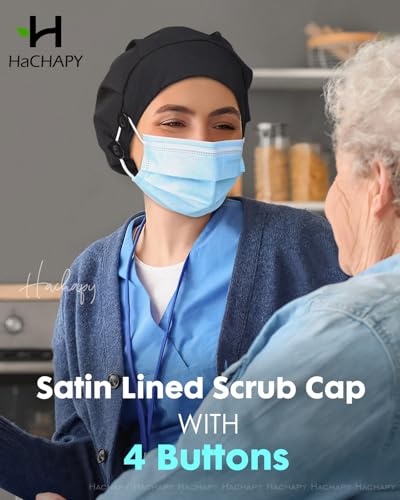 Fall Satin Lined Bouffant Scrub Nurse Cap with 4 Buttons and Sweatband - Adjustable