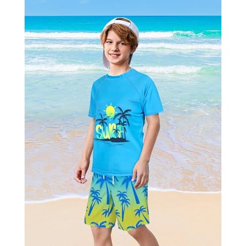Boys Two Piece Rash Guard and Swim Trunks Outfit Set Kids Short Sleeve Swimsuit