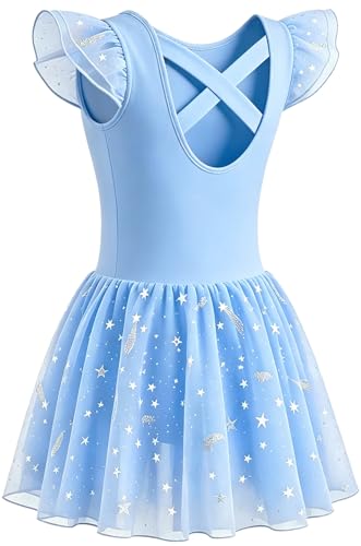 Toddler Girl's Ballet Leotard Dance Dress Outfit - Blue 4-6 Years, Shiny Star, Ruffle Sleeve, Criss-Cross Back