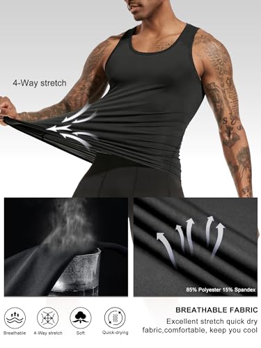 Men's Compression Tank Top 3/5 Pack - Sleeveless Cool Dry Base Layer for Gym - Large, Black