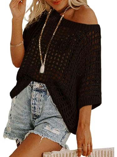Crochet Beach Coverup for Women Off Shoulder Summer Tops Oversized Black XL