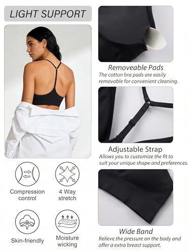 Women's Sports Bras Deep V Neck Adjustable Y Back Spaghetti Strap Racerback Padded Wireless Yoga Workout Tops Large Black