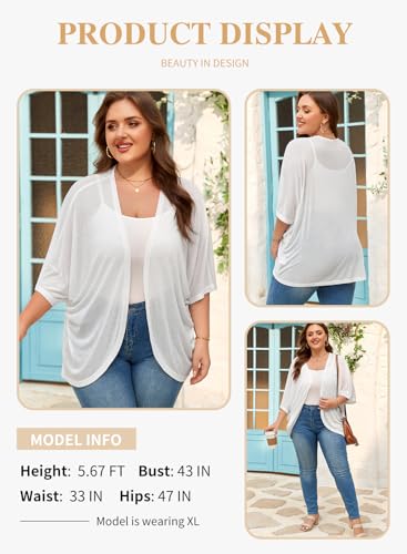 Eytino Plus Size Women's Short Sleeve Lightweight Summer Kimono Cover Up Top 2X White