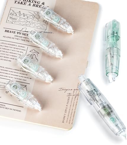 White Retractable Correction Tapes, 2 Cute Pre-Loaded Correctors with 4 Refills, Pull-Out Pen-Shaped Applicator, Anti-Break Tape for Office Supplies (Transparent, Green)