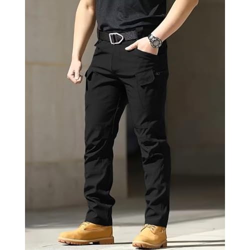 Men's Cargo Tactical Pants Work Hiking Trousers Waterproof Lightweight Elastic Waist for Travel with Pockets(No Belt)