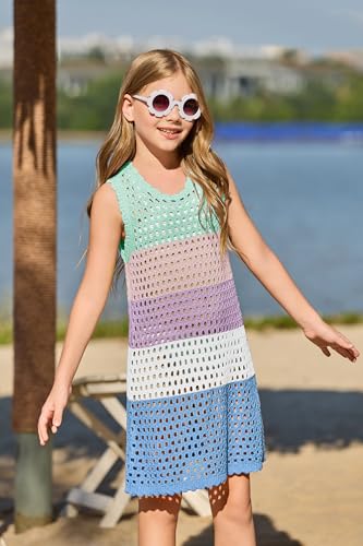 Kids Girls Color Block Crochet Swim Cover Up Dress - Light Green, 7-8 Years