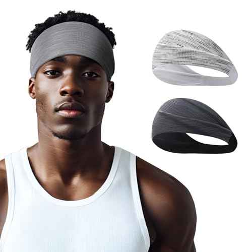 Sweatband for Men & Women, Wide Sports Headband for Running Biking Exercise, Soft & Elastic, 2 Colors Dark Gray White