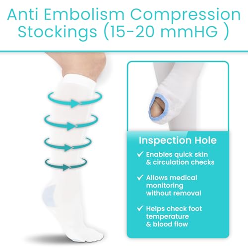 Vive Anti Embolism Compression Stockings for Women & Men - 15-20 mmHg Knee High TED Hose Socks for Post-Surgery, Pregnancy, Varicose Veins, Swelling, Soreness, Support & Travel (White)