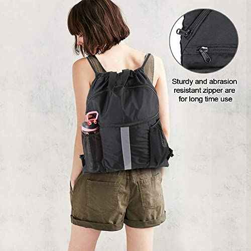 BeeGreen Drawstring Backpack Bag with Shoe Compartment, X-Large Black Gym Sports String Cinch Backpack