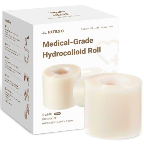 RIFANO Medical Hydrocolloid Tape Roll, Cut-to-Size, 2in*10ft, 19.7mil/ 0.5mm Thickness, Extra Large Hydrocolloid Patch Bandages with Self-Adhesive, Ultra Absorbent, Flexible & Waterproof