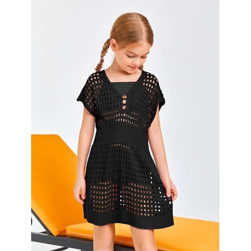 Haloumoning Girls Crochet Swim Beach Cover Up Kids Fashion Button Short Sleeve Swimsuits Cover Ups 5-14 Years