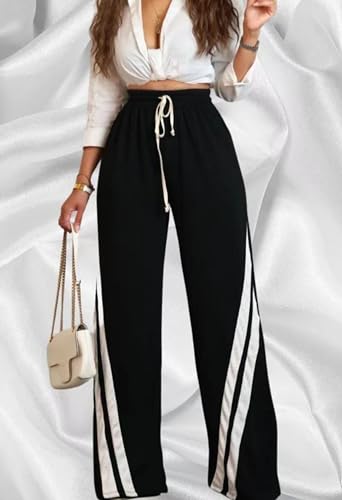 Women's Wide Leg Striped Drawstring Track Pants - Large Black Sweatpants