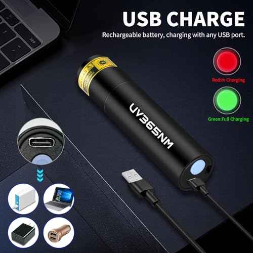 UV Flashlight Rechargeable 365nm Black Light for Pet Urine Detection, USB - C Portable Blacklight Mini Powerful Woods Lamp LED ultra violet Flashlights uv for Resin Curing, Leak Detection, Travel
