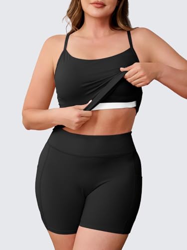 Plus Size Workout 2 Piece Set for Women - Black Halter Tank Top & High Waisted Biker Shorts