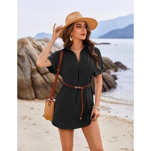 AI'MAGE Women's Swimsuit Coverup V Neck Bathing Suit Cover Up Shirt Short Sleeves Beach Bikini Swimwear Dress S-3XL