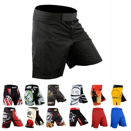 ROAR-INT MMA Fight Shorts Grappling Kickboxing Muay Thai Shorts BJJ Gym Training Running Athletic Wrestling Shorts - Medium Black