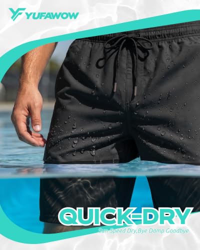 Men's 9 Inch Swim Trunks with Compression Liner, Quick Dry, Zipper Pockets - Black, X-Large