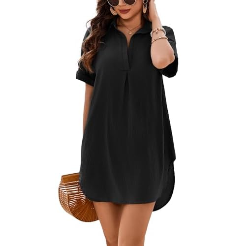AI'MAGE Women's Swimsuit Coverup V Neck Bathing Suit Cover Up Shirt Short Sleeves Beach Bikini Swimwear Dress S-3XL