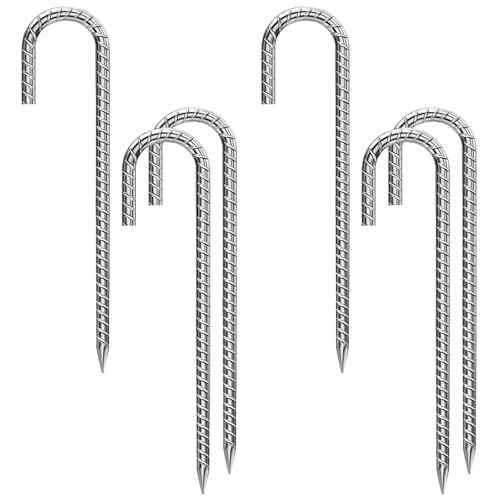 Rebar Stakes 12 Inch 6 Pack Tent Stakes Heavy Duty Metal J Hook, for Trampoline, Fence, Camping Tent (6, J-12 x5/16 Silver)
