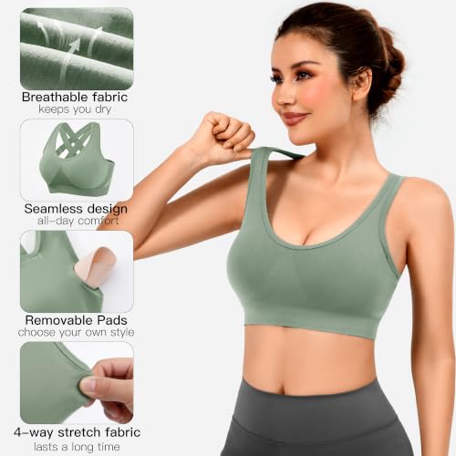 XX-Large Double Couple Sports Bras for Women 3 Pack Medium Support Adjustable Padded Black Green White