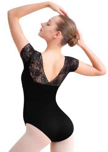 Women Lace Short Sleeve Ballet Leotard Open Back Medium Black