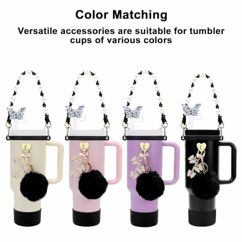 7PCS Cup Accessories Set Including 1 Pcs Water Bottle Handle Strap, 1 Pcs Siliocne Cup Boot, 1 Pcs Resin Butterfly Straw Cover, 2 Pcs Butterfly & Hairball Charms for Stanley Cup Tumbler