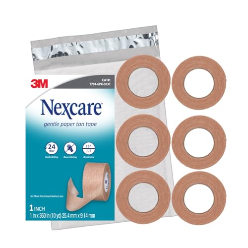 Nexcare Gentle Paper Tan Skin Tape, 1 in x 10 yd, Non-Irritating, Discreet Look, Great for Frequent Gauze Changes, Gentle on Sensitive Skin, Dermatologist-Tested, Hypoallergenic Tape, 6 Rolls