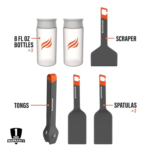 Camping Griddle Tool Kit - 6 Piece with Spatulas, Tongs, Scraper & Bottles