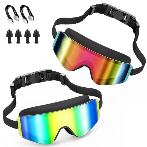Kids Swim Goggles 2 Pack - Large Frame Anti-Fog Leak Proof UV Protection Black & Iridescent Pink/Gold
