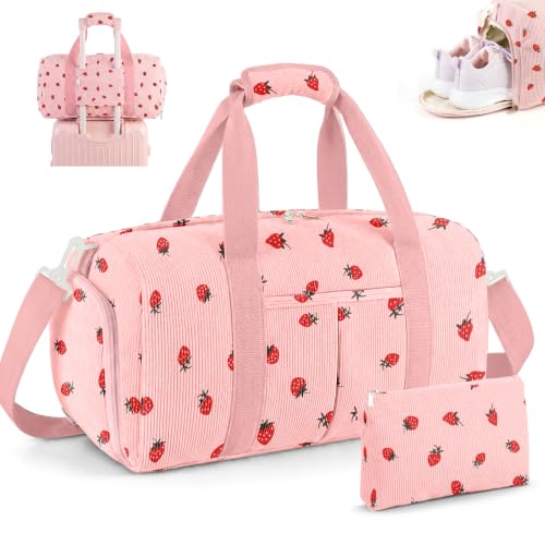 Pink Strawberry Corduroy Duffle Bag for Girls Kids Teens with Shoe & Wet Dry Separation