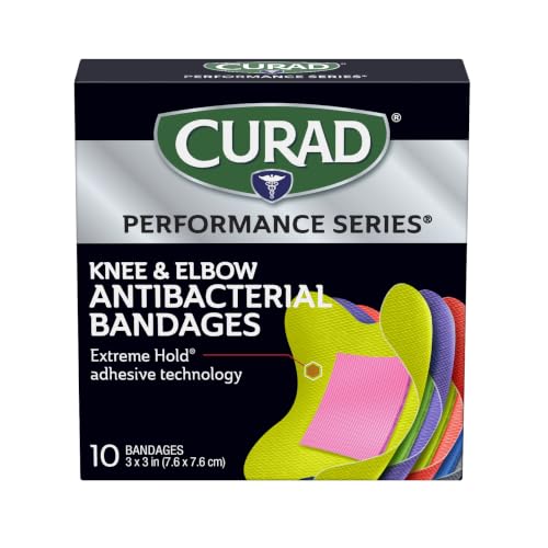 Curad Performance Series Antibacterial Elbow & Knee Bandages 10 Pack - 3x3 Inches