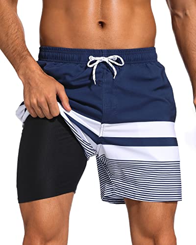 Men's Swim Trunks with Compression Liner & Zipper Pockets - Large Dark Navy & White Stripes