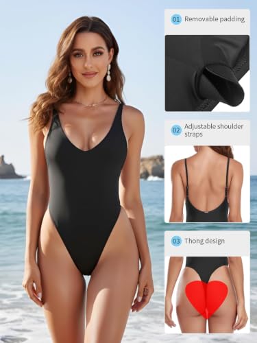 RELLECIGA Women's Thong One-Piece Swimsuit Open Back Bathing Suit Medium Black