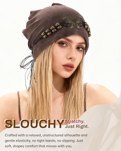 Coffee Slouchy Beanie Hat for Women with Butterfly Beads - AWAYTR