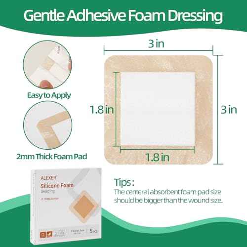 Jointown Foam Wound Care Dressing, Adhesive Silicone Foam Dressing with Border, Waterproof Bed Sore Bandages, 3"x3", 5 PCS