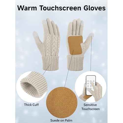 Aneco Winter Beanie Hat Scarf Gloves Ear Warmer Set for Women Fleece Lined Pom Pom Beanie Touchscreen Gloves 4 in 1 Set